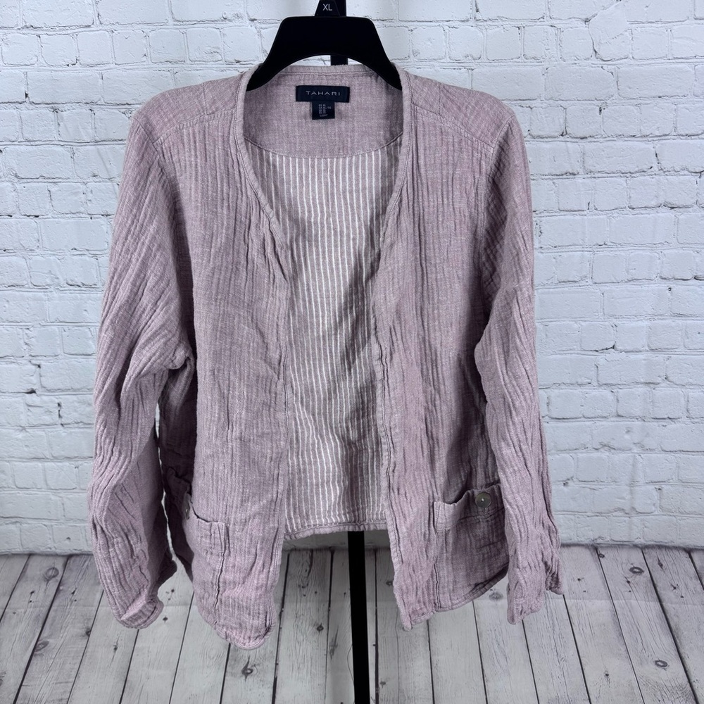 Tahari Linen and Cotton Blend Gauze Dusty Rose Open Front Lightweight Blazer XL